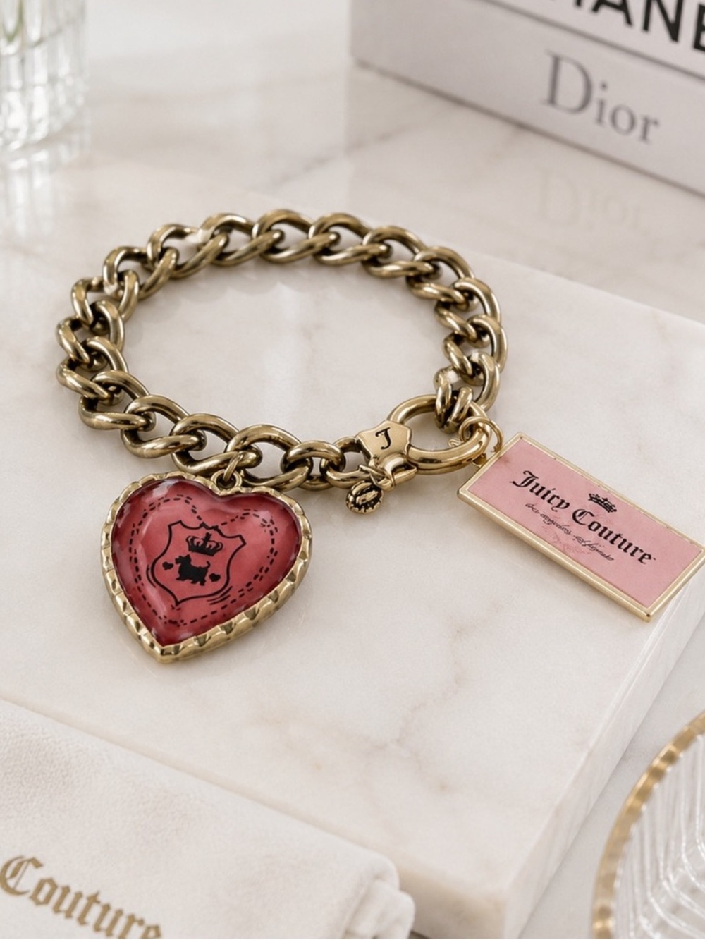 Juicy Couture Heart Charm Bracelet Gold Tone Pink Logo Y2K Statement NWT